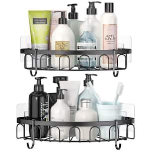 2-Pack Black Adhesive Stainless Steel Corner Shower Caddy Storage Shelf with 4 Hooks