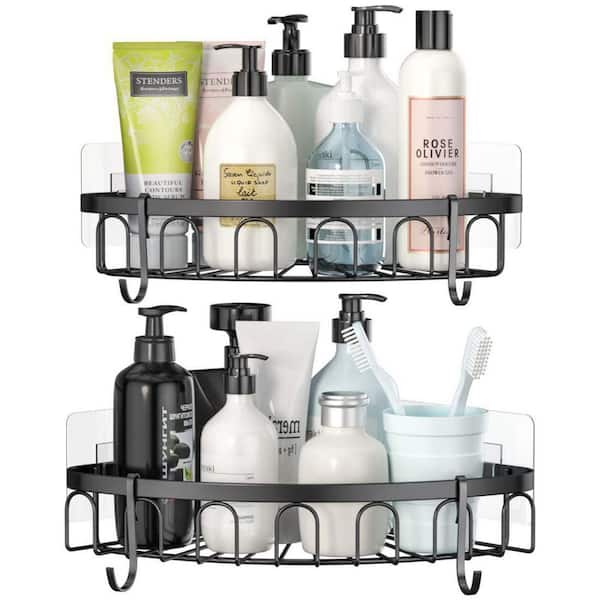 Dracelo 2-Pack Black Adhesive Stainless Steel Corner Shower Caddy Storage Shelf with 4 Hooks