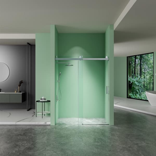 JimsMaison 72 in. W x 76 in. H Sliding Frameless Shower Door in Brushed Nickel with Clear Glass
