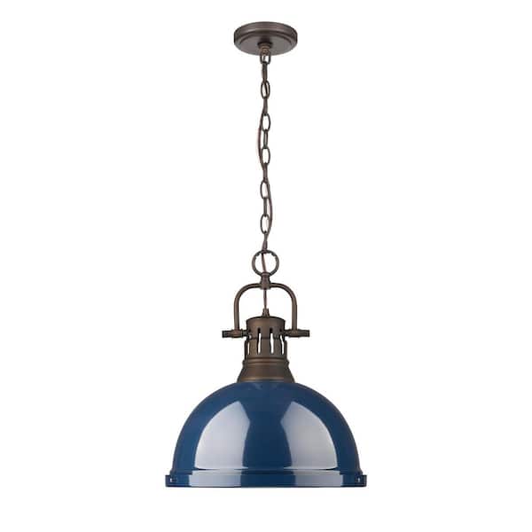 Golden Lighting Duncan 16.875 in. 1 Light Rubbed Bronze Pendant Light with Navy Blue Shade
