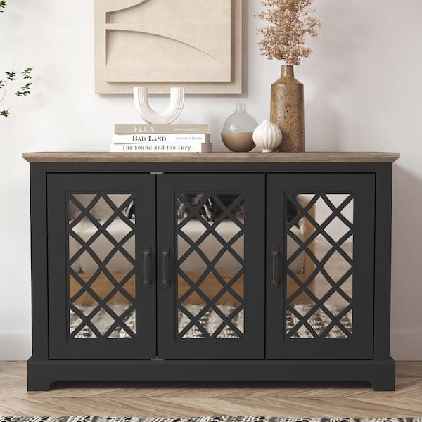 GALANO Millicent Black with Knotty Gray Oak Wood 45.7 in. 3-Door W Sideboard with Adjustable Shelves