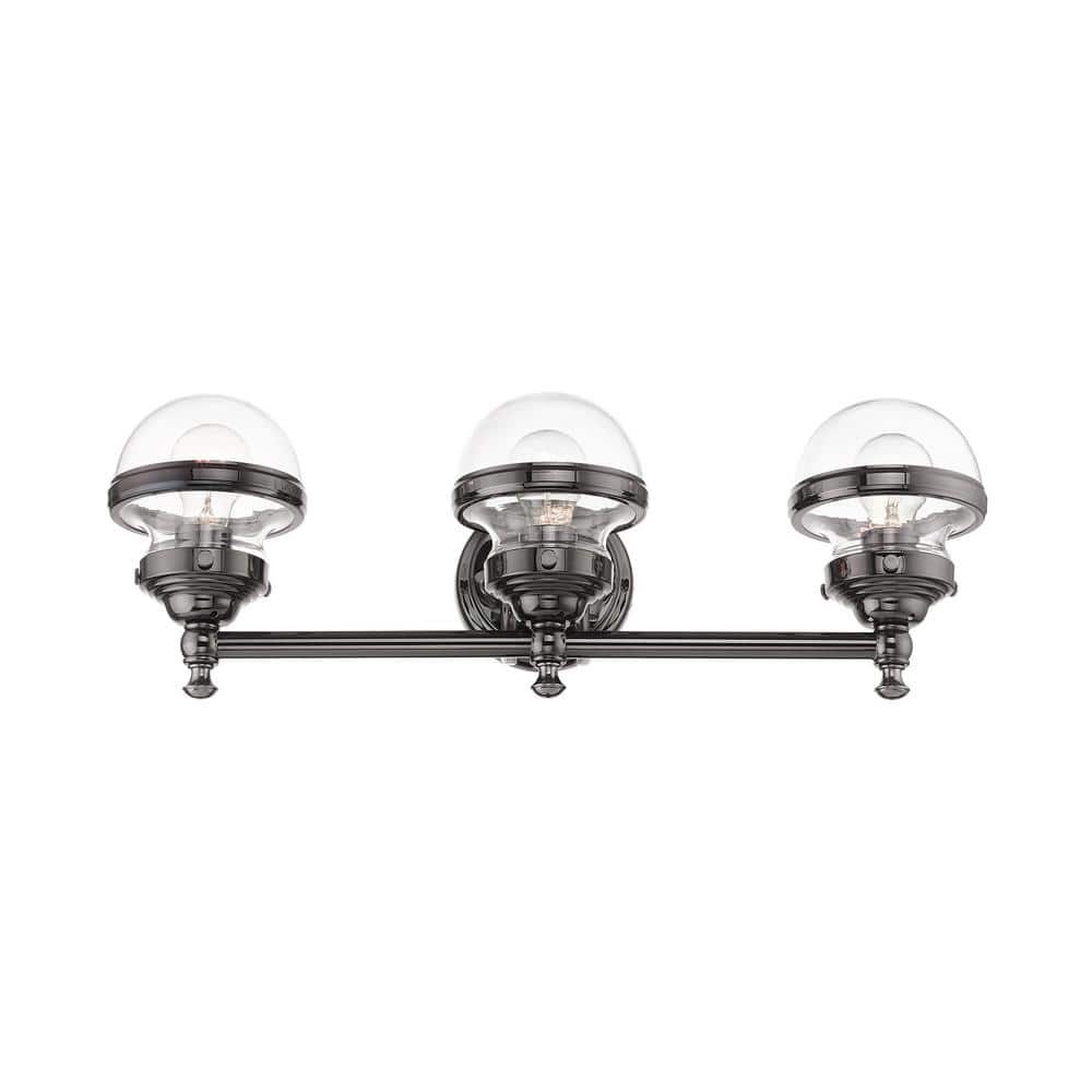 Polished Black Chrome 3-Light Vanity with Hand Blown Clear Glass