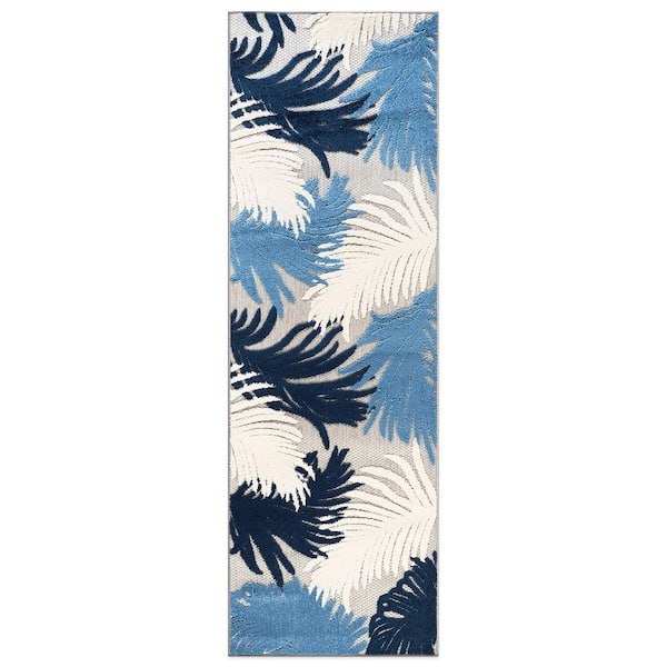 Contemporary Tropical Large Floral Navy 2 ft. 7 in. x 6 ft. Indoor/Outdoor Runner Rug