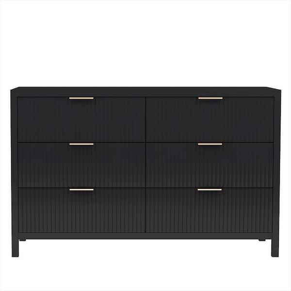 Black Wooden 6 Drawer Nightstand Long-Side Cabinet Storage Dresser Cabinet(15.75in D x 47.24in W x 29.53in H)