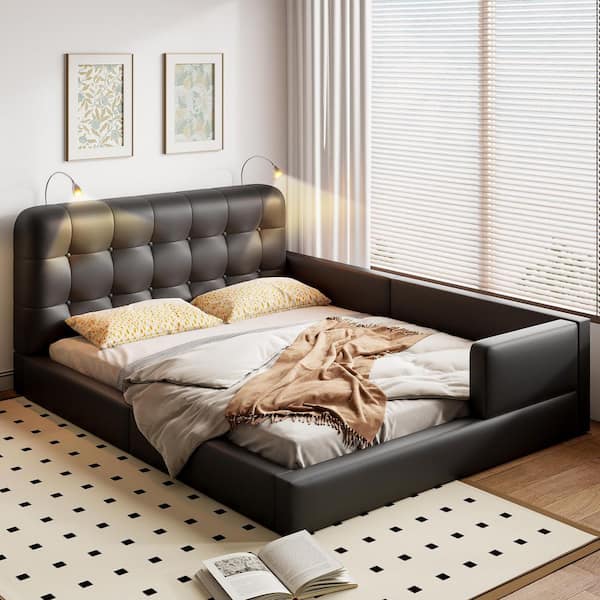 Black Wood Frame Queen Size Upholstered Platform Bed with 2 Reading Lights