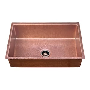 Luxury 33 in. Drop-In or Undermount Single Bowl 12-Gauge Medium Patina Copper Kitchen Sink with Grid and Disposal Flange