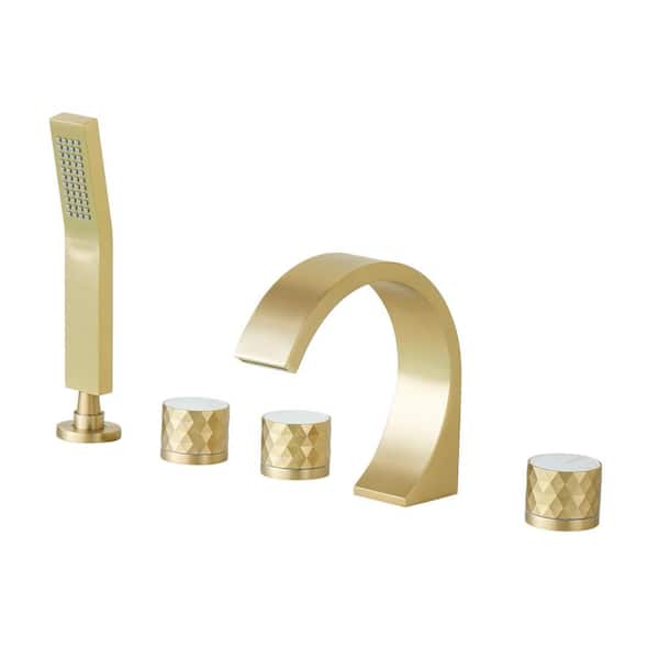 CASAINC Waterfall 3-Handle Deck-Mount Roman Tub Faucet with Hand Shower in Brushed Gold
