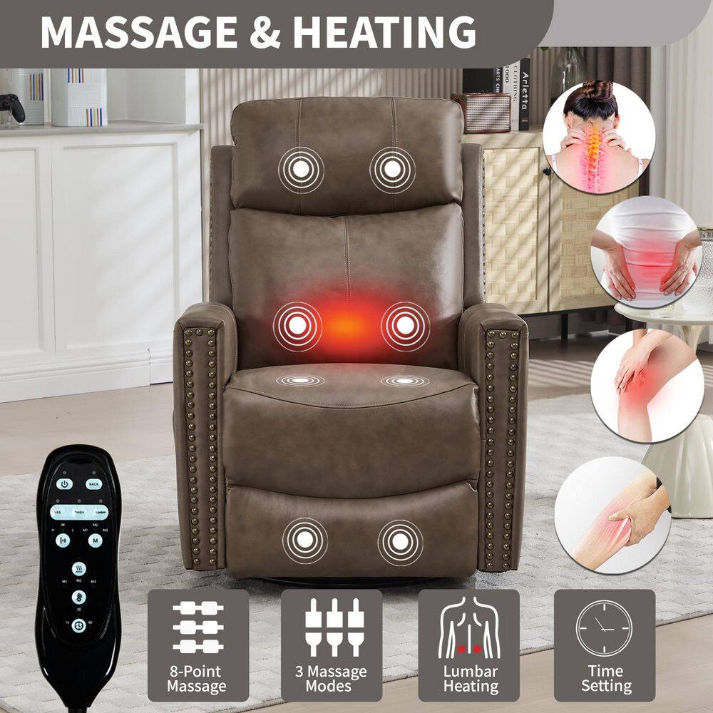 Brown leather recliner with massage and heating feature highlights