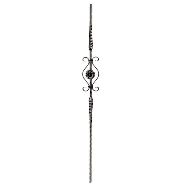arteferro 44 in. x 9/16 in. Hammered Bar Dual Stamped 9 in. Flower Scroll Dark Champagne Powder Coated Wrought Iron Stair Baluster