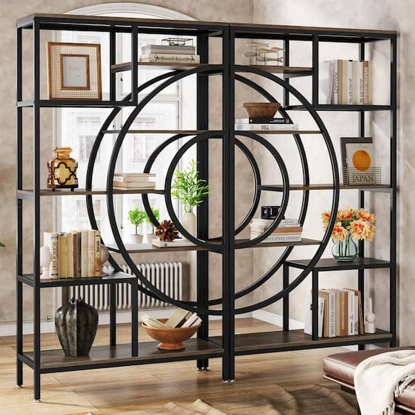 BYBLIGHT Eulas 70.47 in. Tall Grey and Black Wood 7-Shelf Bookcase with Geometric Frame Set of 2,7-Tier Display Shelving