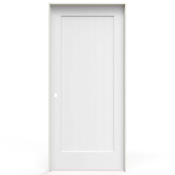 36 in. x 80 in. 1 Panel Right-Handed Solid Core White Painted Wood Single Prehung Interior Door w/ V-Groove Plank Panel