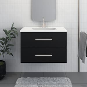 Napa 36 in. W x 22 in. D 21.38 in. H Single Sink Bath VanityWall Mounted in Glossy Black with White Quartz Countertop