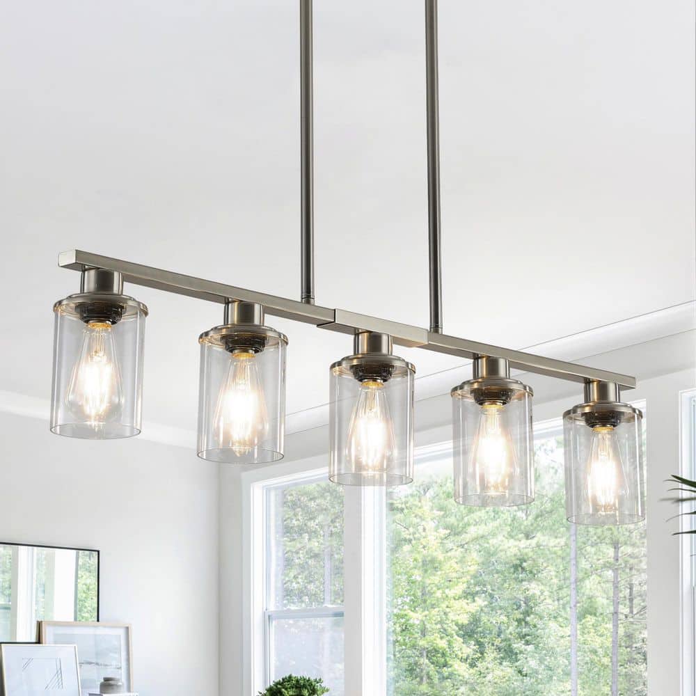 37 in. 5 Lights Modern Industrial Brushed Nickel Chandelier with Clear Glass Shades Hanging Light Fixture price history on PriceWatchPro