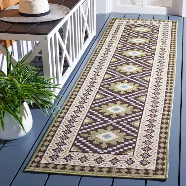 Veranda Chocolate/Green 2 ft. x 8 ft. Aztec Geometric Indoor/Outdoor Runner Rug