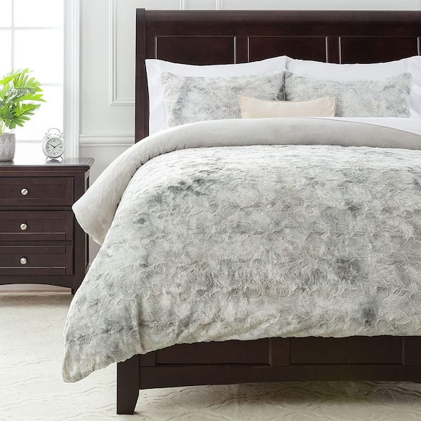 Chanasya Wolf Polyester Light Gray Faux Fur Reversible Minky Duvet Cover Set, Twin