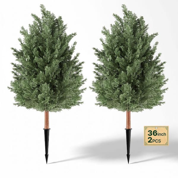Indoor/ Outdoor 3 ft. Artificial Topiary Tapered Boxwood Bush, Green Fake Shrubs, PE Faux Trees, Metal Spikes, 2-Pack