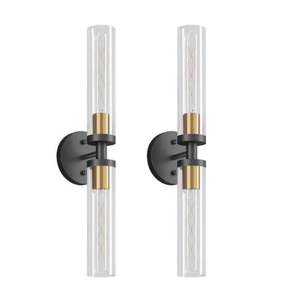 22 in. Modern 2-light Black & Gold Clear Glass Wall Sconces Vanity Light for Bathroom Mirror Hallway (Set of 2)