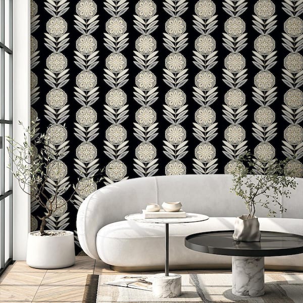 57.5 sq. ft. Black Tie and Metallic Gold Belle Floral Stripe Unpasted Nonwoven Paper Wallpaper Roll