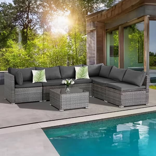 Unbranded Grey 7-Piece Wicker Patio Outdoor Coversation Sofa Sectional Set with Grey Cushion for Backyard, Garden, Poolside