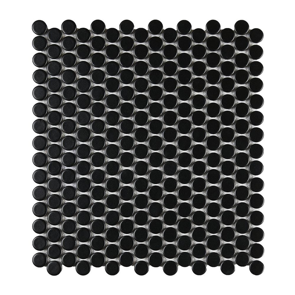 Cascades Black 11.5 in. x 12.5 in. Penny Round Matte Porcelain Mesh-Mounted