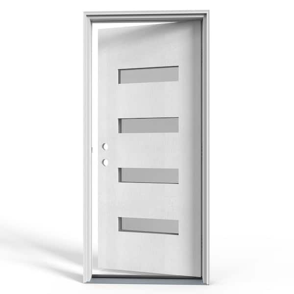 36 in. x 80 in. 4 Lite White Finish Right-Hand Inswing Frosted Glass Fiberglass Prehung Front Door with Hinge, Threshold