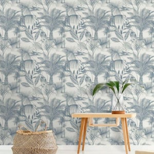 Blue Sketched Jungle Tropical Easy To Remove Shelf Liner Wallpaper