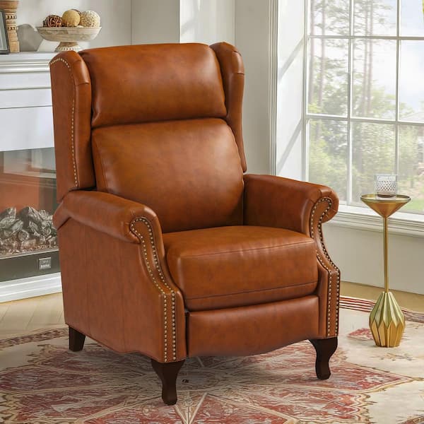 Bald Camel Genuine Leather 28 in. Mid Century Push Back Recliner with Nailhead Trim and Non-Slip Pads