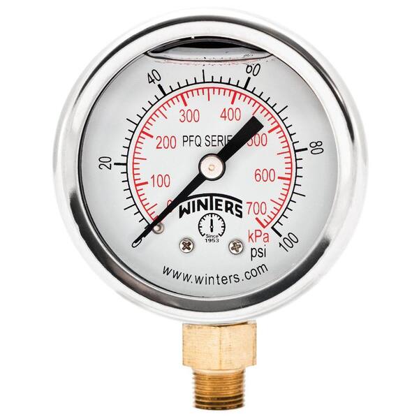Winters Instruments PFQ Series 1.5 in. Stainless Steel Liquid Filled Case Pressure Gauge with 1/8 in. NPT LM and Range of 0-100 psi/kPa
