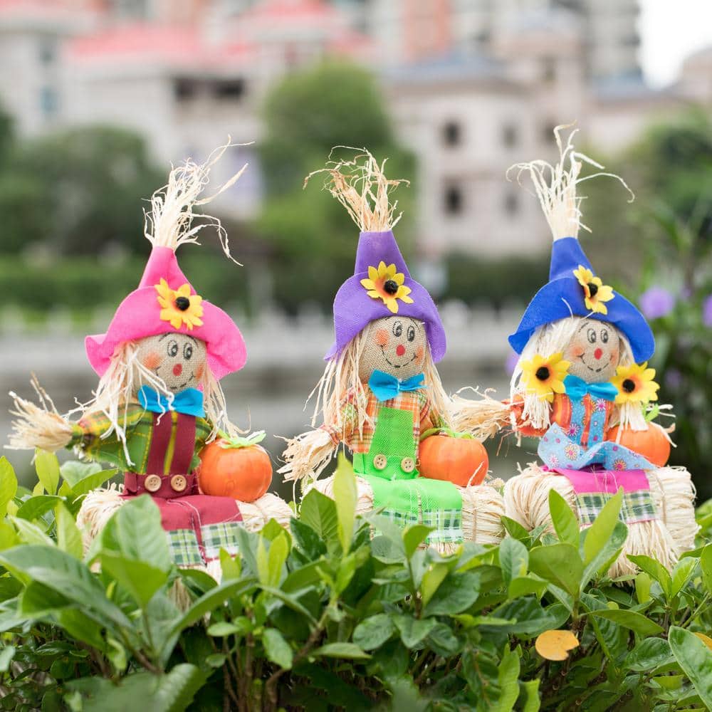 Multicolor Fabric and Hay Trio Scarecrows for Halloween and Fall Decor