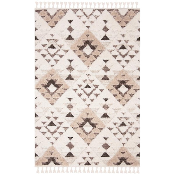 SAFAVIEH Moroccan Tassel Shag Ivory/Brown 6 ft. x 8 ft. High-Low Geometric Fringe Area Rug