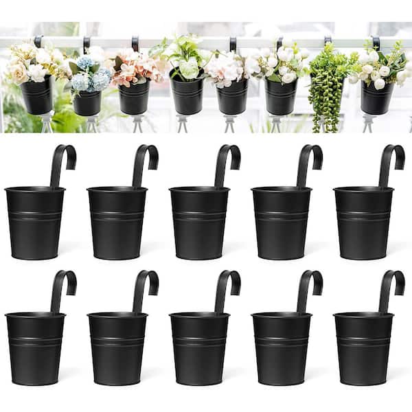 Black Metal Hanging Flower Pots, 4 in Iron Railing Planters with Detachable Hooks for Balcony Fence Garden (10-Pack)