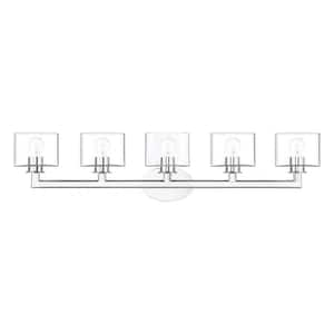 Bernardino 44 in. 5-Light Polished Chrome Vanity Light with Mouth Blown Clear Glass