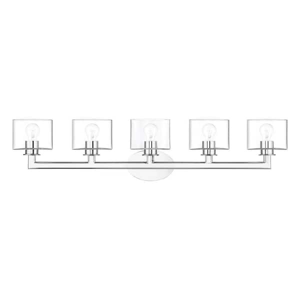 Bernardino 44 in. 5-Light Polished Chrome Vanity Light with Mouth Blown Clear Glass