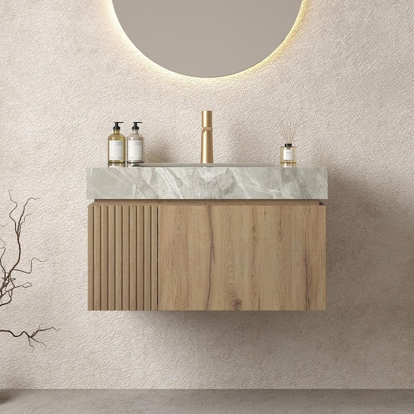 30 in. Single Sink Floating White Oak Bath Vanity with Light Gray Sintered Stone Top