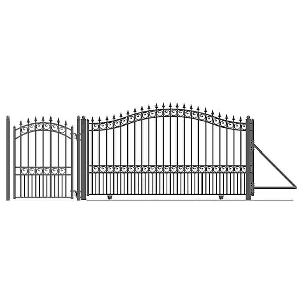ALEKO 17 ft. x 6 ft. x 12 ft. Black Steel Single Sliding Driveway Gate London Style with Pedestrian Gate 5 ft. Fence Gate