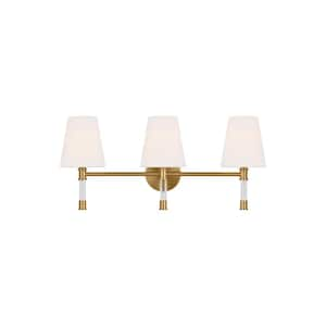 Hanover 24.625 in. W x 11 in. H 3-Light Burnished Brass Dimmable Mid-Century Rustic Vanity Light with Milk Glass Shades