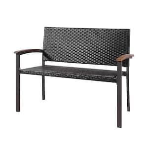 45 in. Mix Brown Weather Resistant PE Wicker Patio Outdoor Bench with Steel Legs and Acacia Wood Armrest