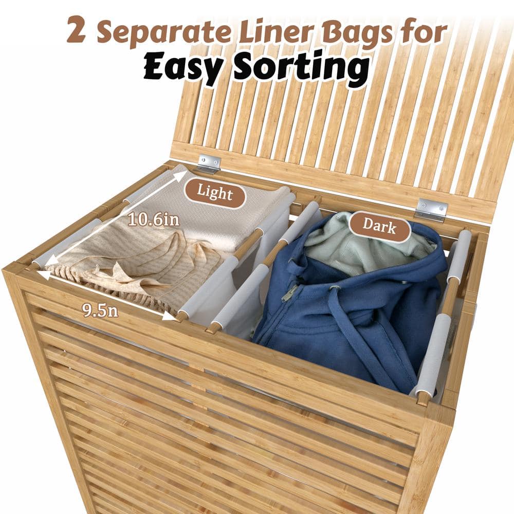 Natural Bamboo 2-Section Collapsible Laundry Hamper with Lid