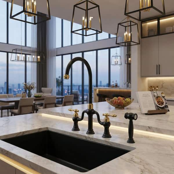 2-Handle Bridge Kitchen Faucet with Side Sprayer in Gold and Black