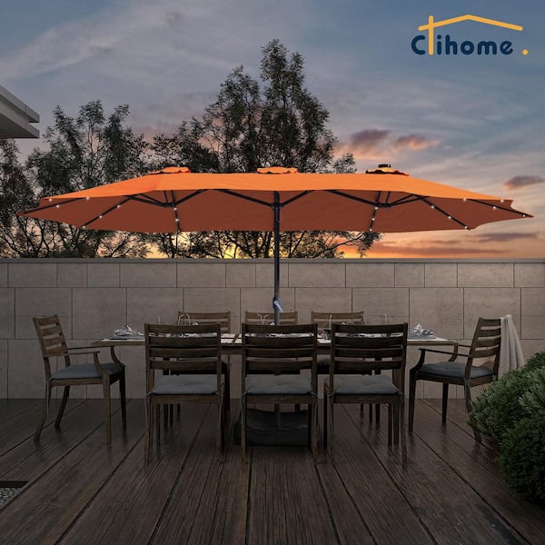 15 ft. Steel Patio Umbrella in Orange, with Base and Solar Lights, Weather-Resistant