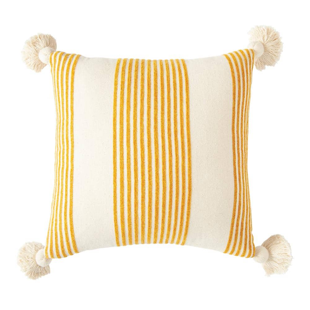 Plush Square Space-Themed Cotton Cushion with Mustard Tassels