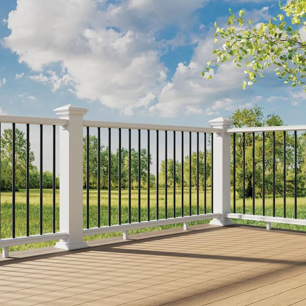 BRIO 42 in. x 96 in. (Actual: 42 in. x 94 in.) White PVC Composite Stair Railing Kit w/Round Aluminum Black Balusters