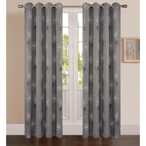 Lyndale Decor Graphite Floral Thermal Blackout Curtain - 54 in. W x 84 in. L
