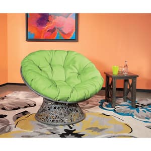 Papasan Chair with Green Round Pillow-Top Cushion and Black Frame