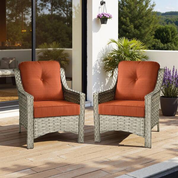 Ergonomic Arm 2-Piece Gray Wicker Outdoor Lounge Single Chair Patio Dining Chairs with Stripe Orange Red for Backyard