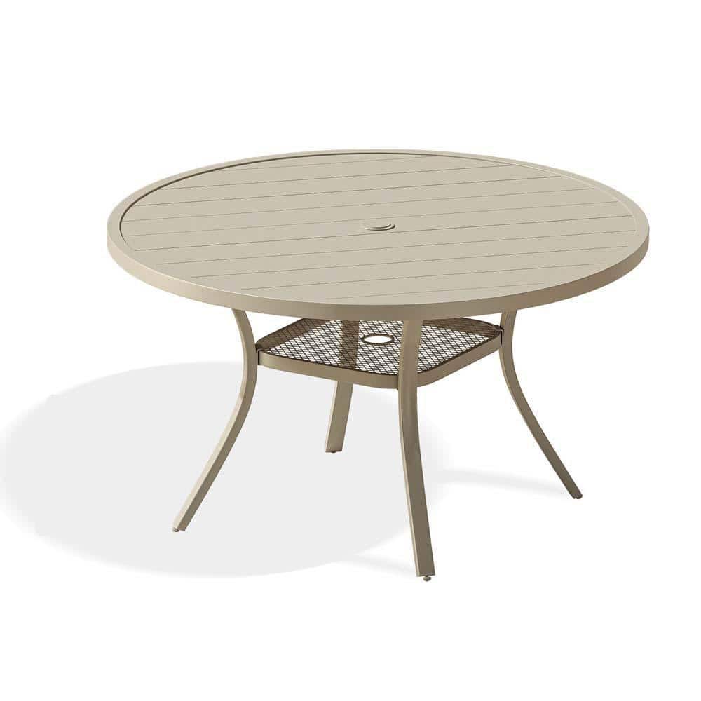 Cream Round Metal Outdoor Dining Table with Umbrella Hole and Storage Shelf for 6 People