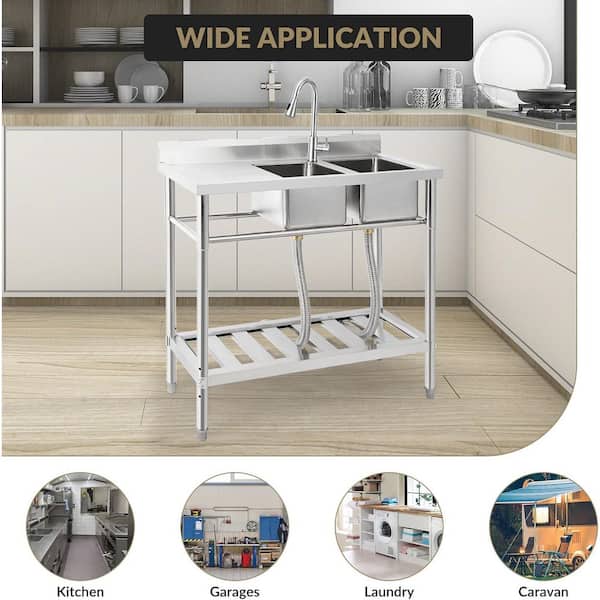 MNUPUOL 29/31-Inch Stainless Steel Freestanding Laundry Sink – Double Bowl With Pull-Down Faucet, Cabinet & Nano-Coating (Black)