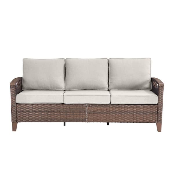 Bellefurn Concave All-Weather Brown Wicker Outdoor Couch, 3-Seat Patio Sofa with Beige Cushion and Deep Seating