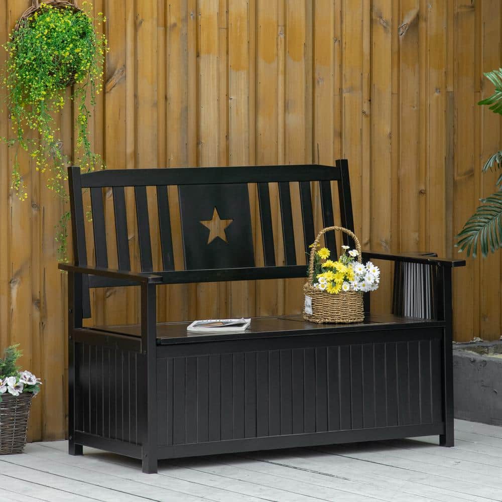 Black Wooden Outdoor Storage Bench with Star Motif