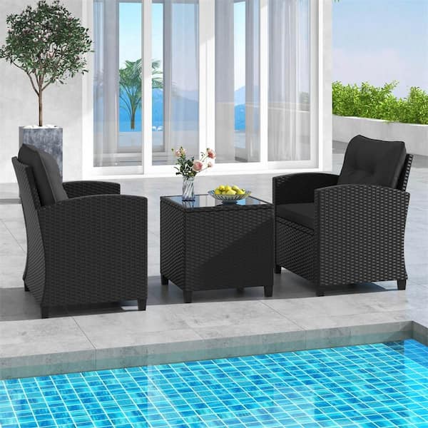 Costway 3-Piece Wicker Patio Conversation Set with Tempered Glass Coffee Table Washable Black Cushions